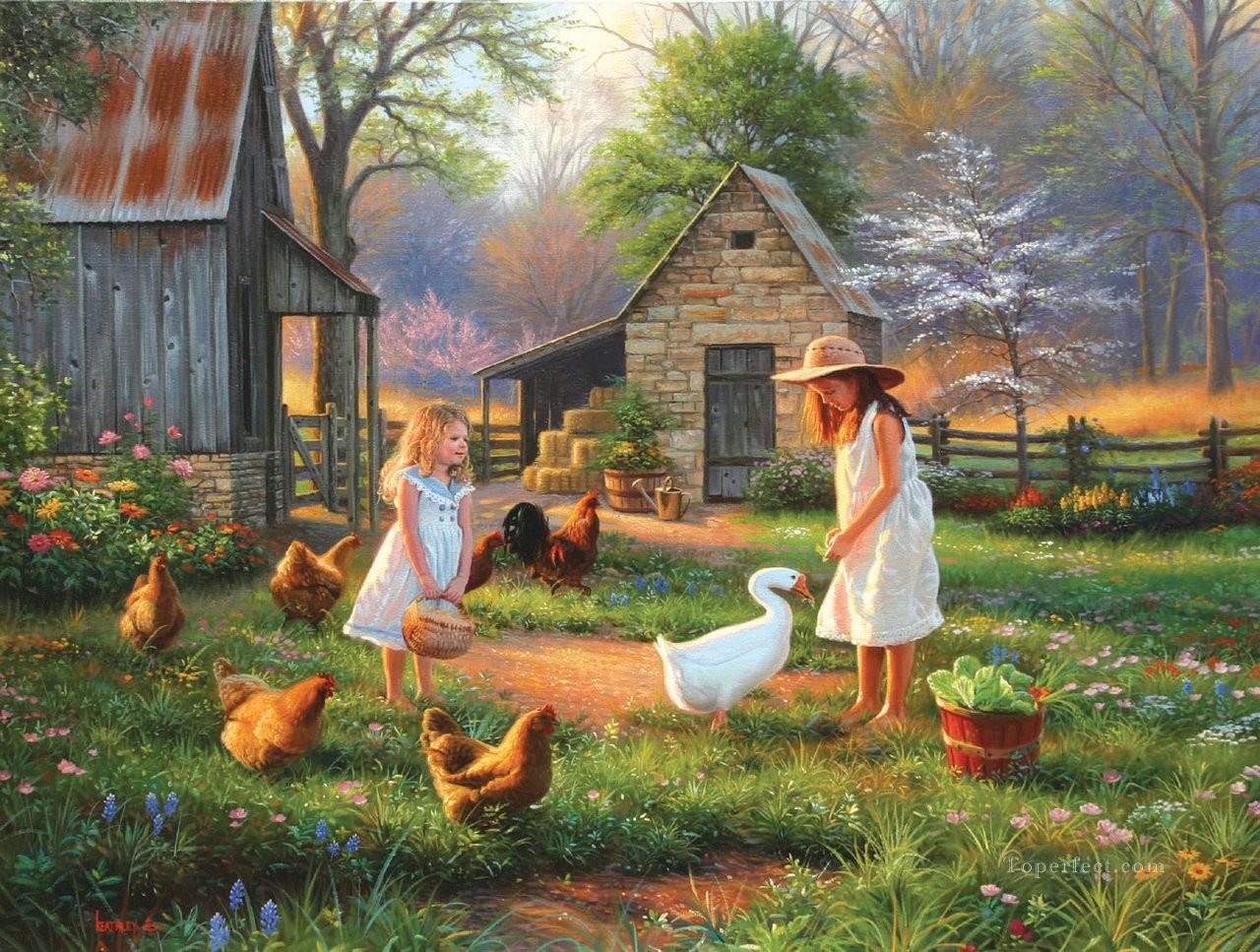 Mädchen mit Gans Huhn am Abend Haustier Kinder Ölgemälde